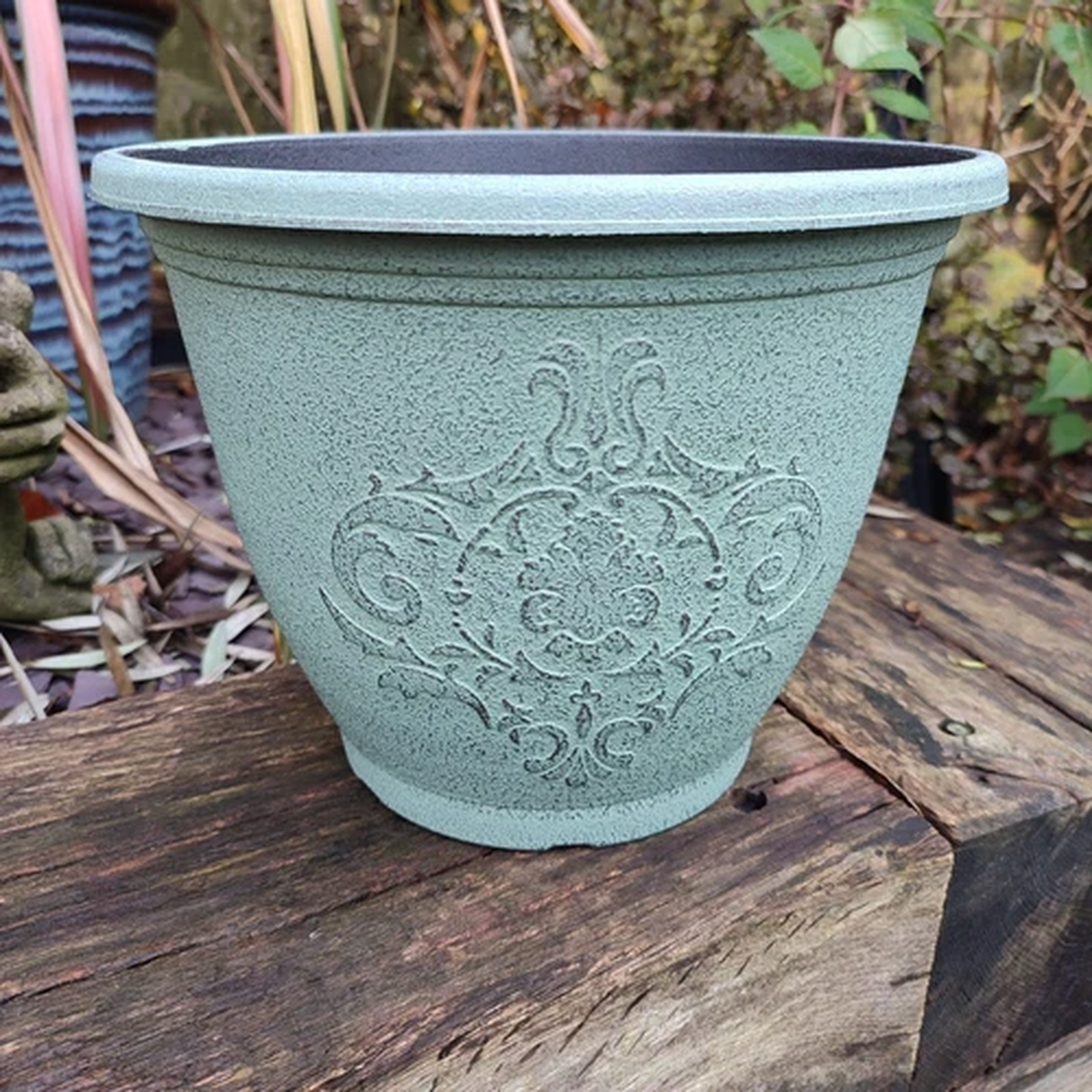 Decorative Plant Pot Round Ornate Aged Stone Effect Plastic Planter 25cm