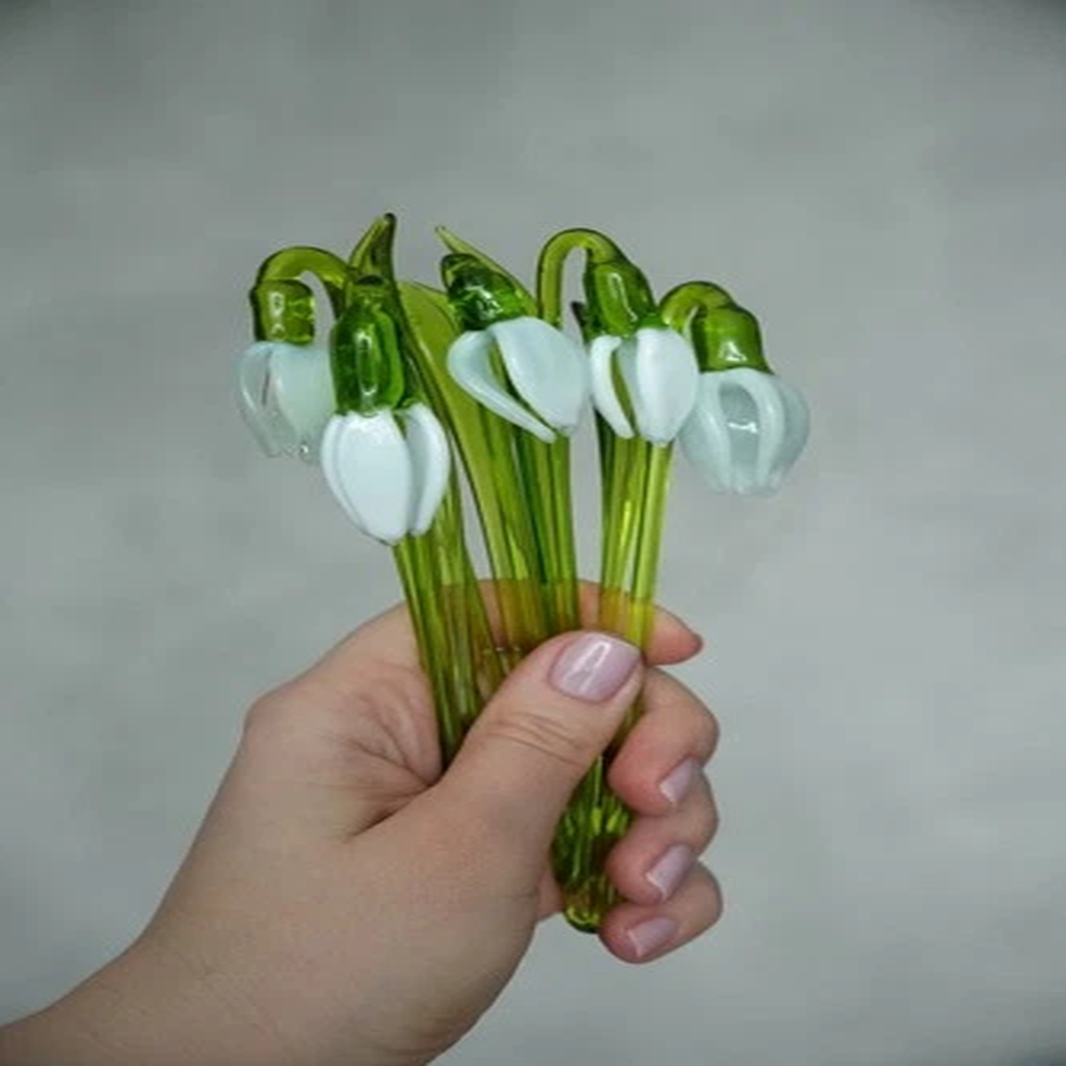 White Glass Snowdrop Flower Figurine Hand Blown Plant Pot Garden Home Decor