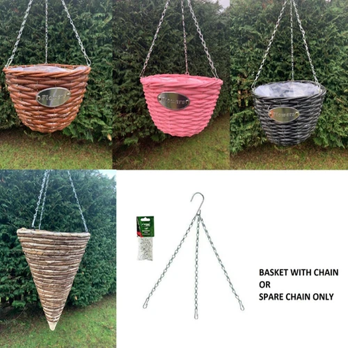 WALL HANGING RATTAN WIRE CONE FLOWER BASKET PLANTER PLANT GARDEN POT SPARE CHAIN