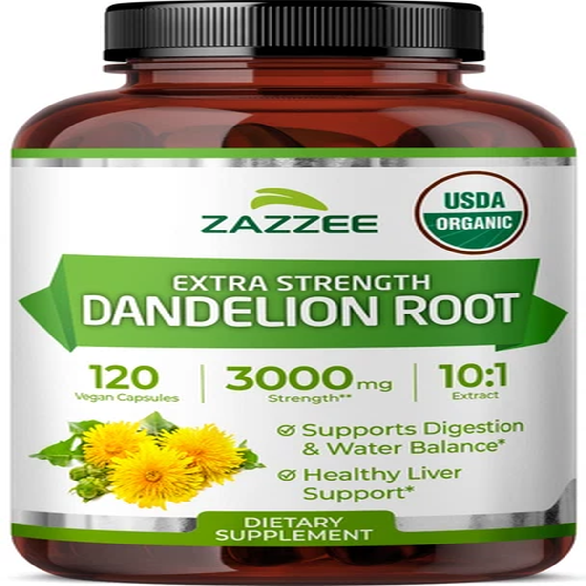 Zazzee USDA Organic Dandelion Root 10:1 Extract, 3000 mg Strength, 120 Capsules
