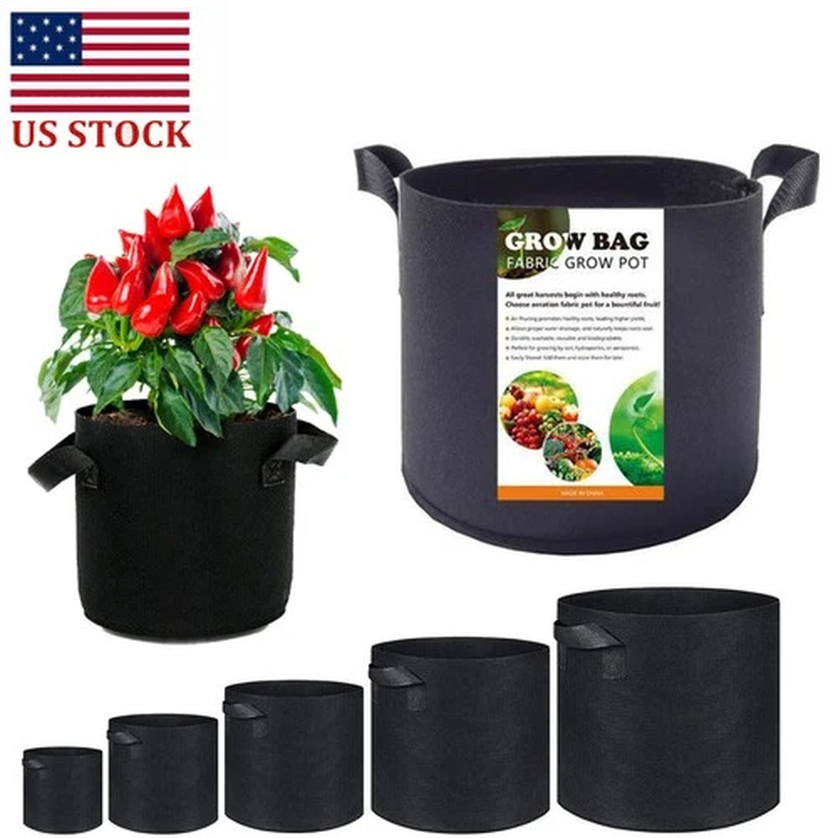 10 Pack w/ Handle Planting Grow Bags Fabric Pot Nursery Soil Nonwoven1-20 Gallon