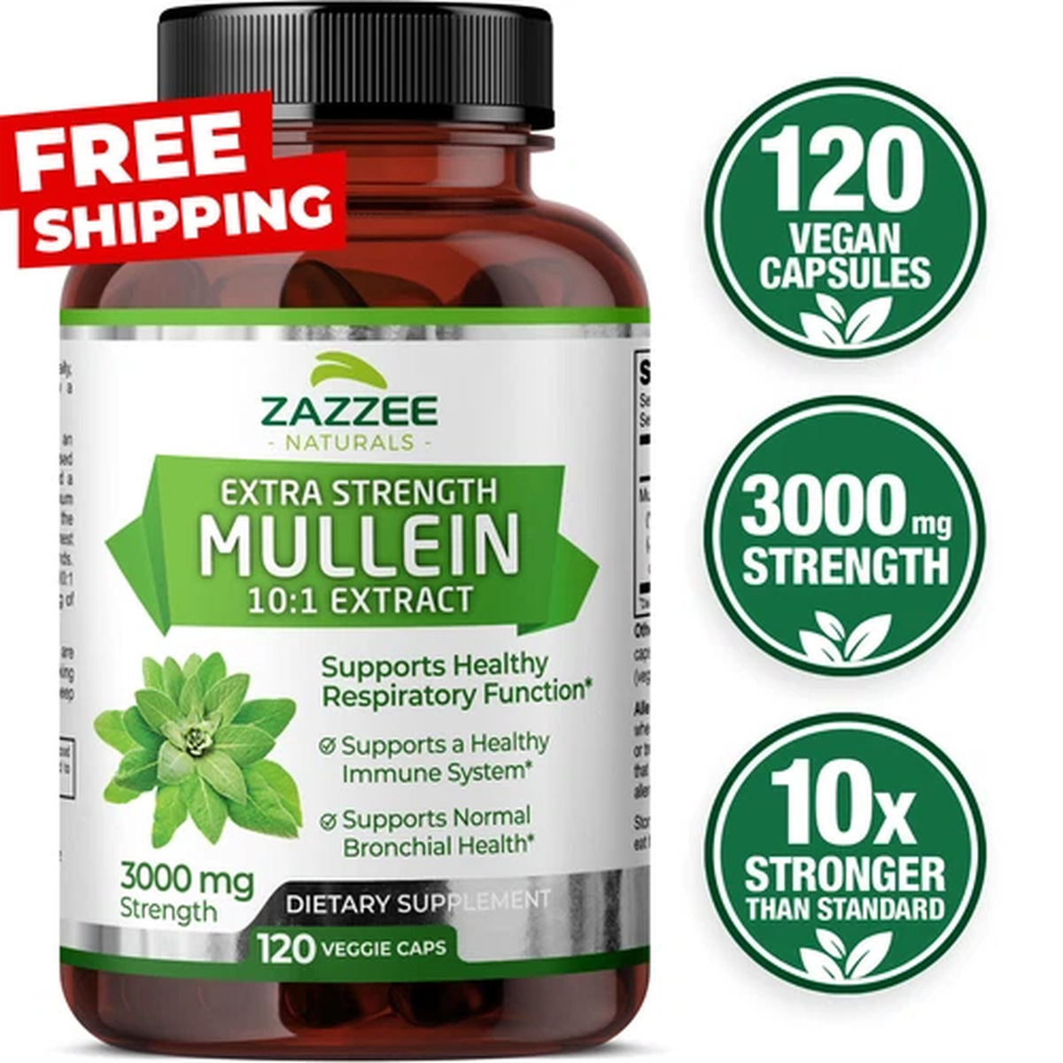 Zazzee Mullein 10:1 Extract, 3000 mg Strength, 120 Vegan Capsules, Kosher