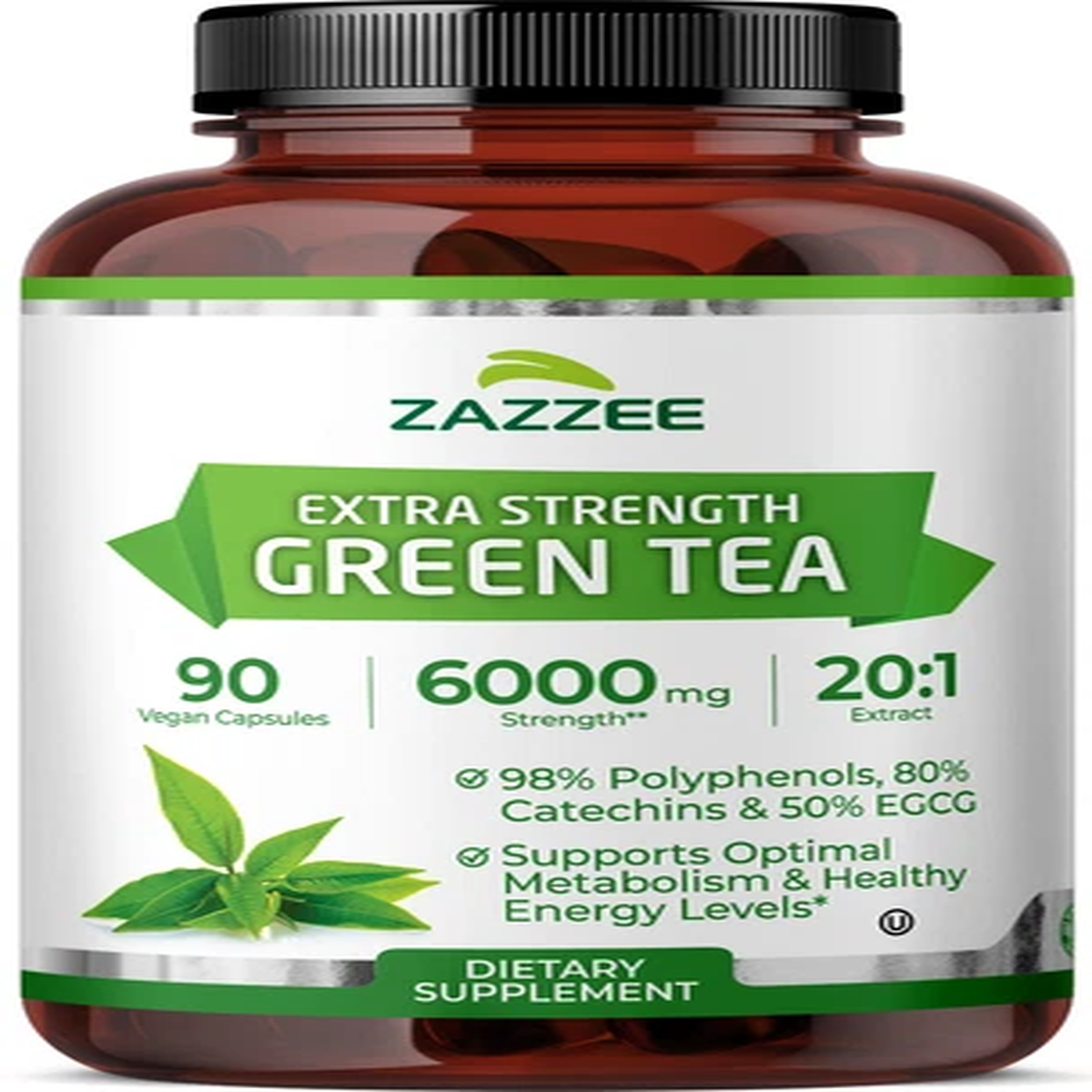 Zazzee Green Tea 20:1 Extract 6000 mg Strength 50% EGCG 90 Vegan Capsules Kosher