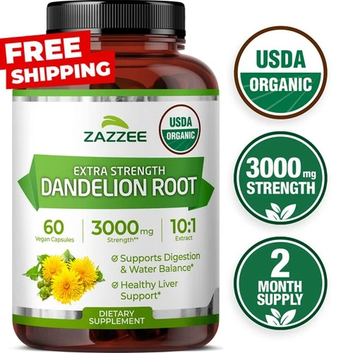 Zazzee USDA Organic Dandelion Root 10:1 Extract, 3000 mg Strength, 60 Capsules