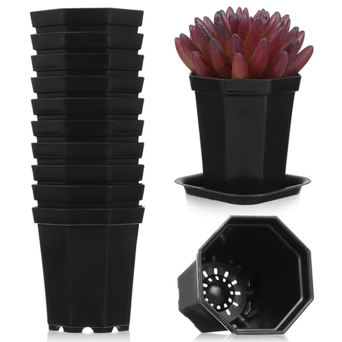 10 Set Flower Pots for Indoor Plants Flowerpot with Saucers Black Container