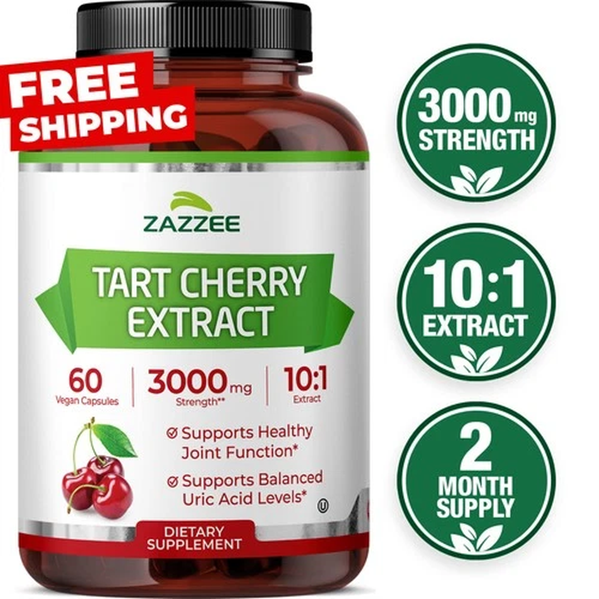 Zazzee Tart Cherry 10:1 Extract, 3000 mg Strength, 60 Vegan Capsules, Kosher