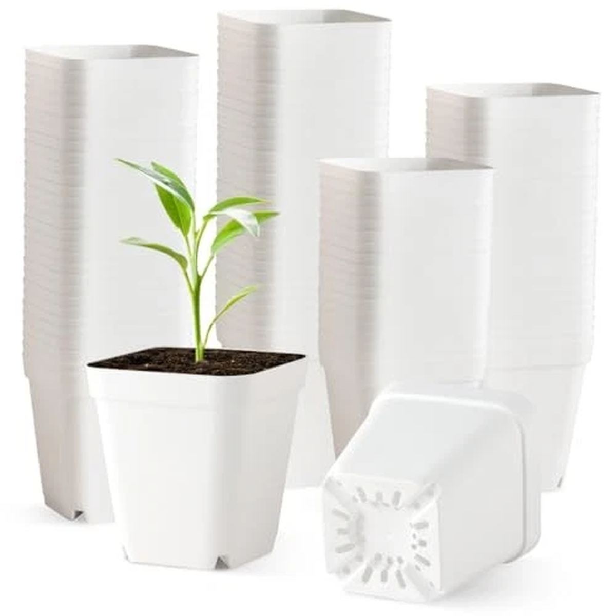 120 Pcs Nursery Pots Plastic Seed Starting Pot with Drainage 3.5 Inch White